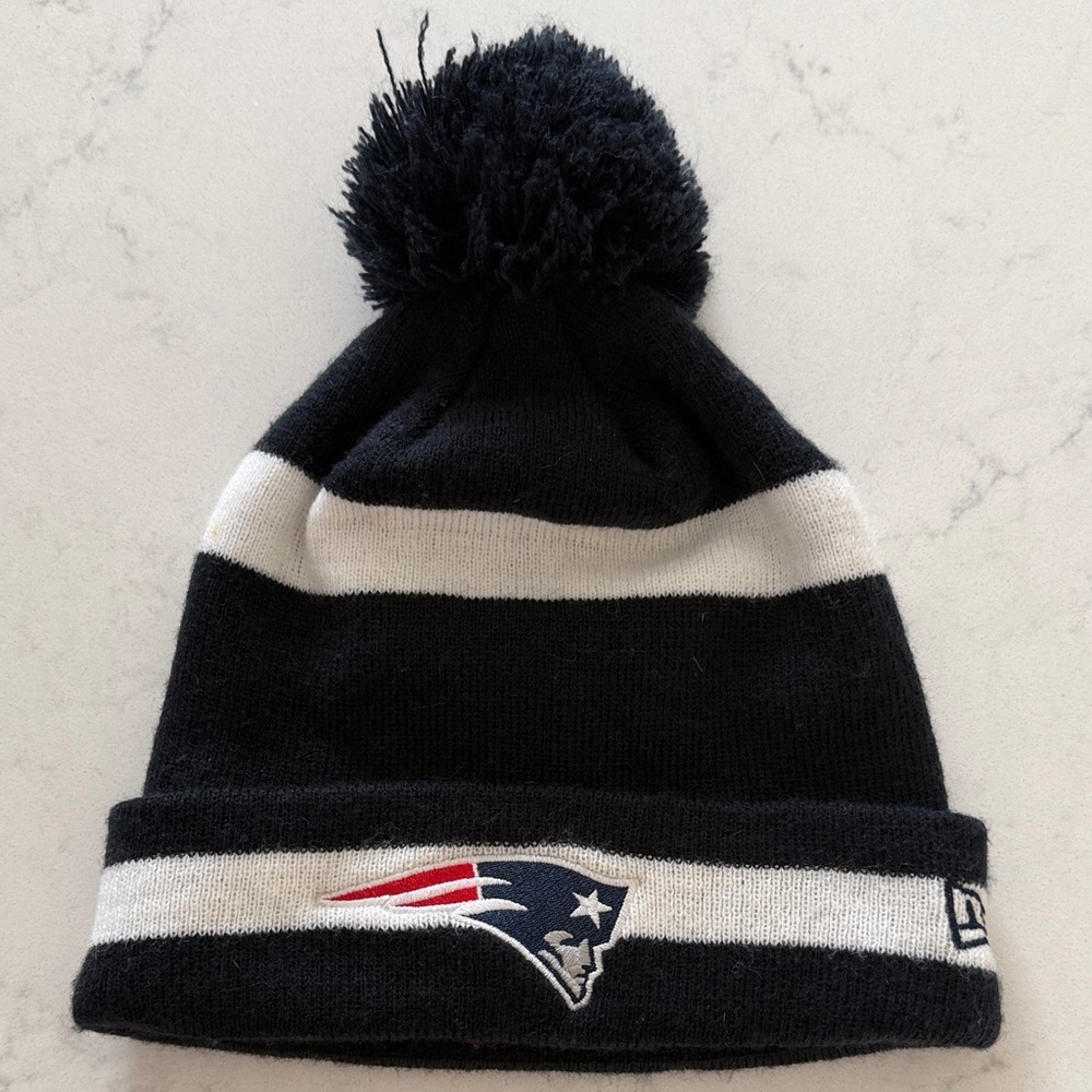 Navy and White Striped Patriots Pom Beanie